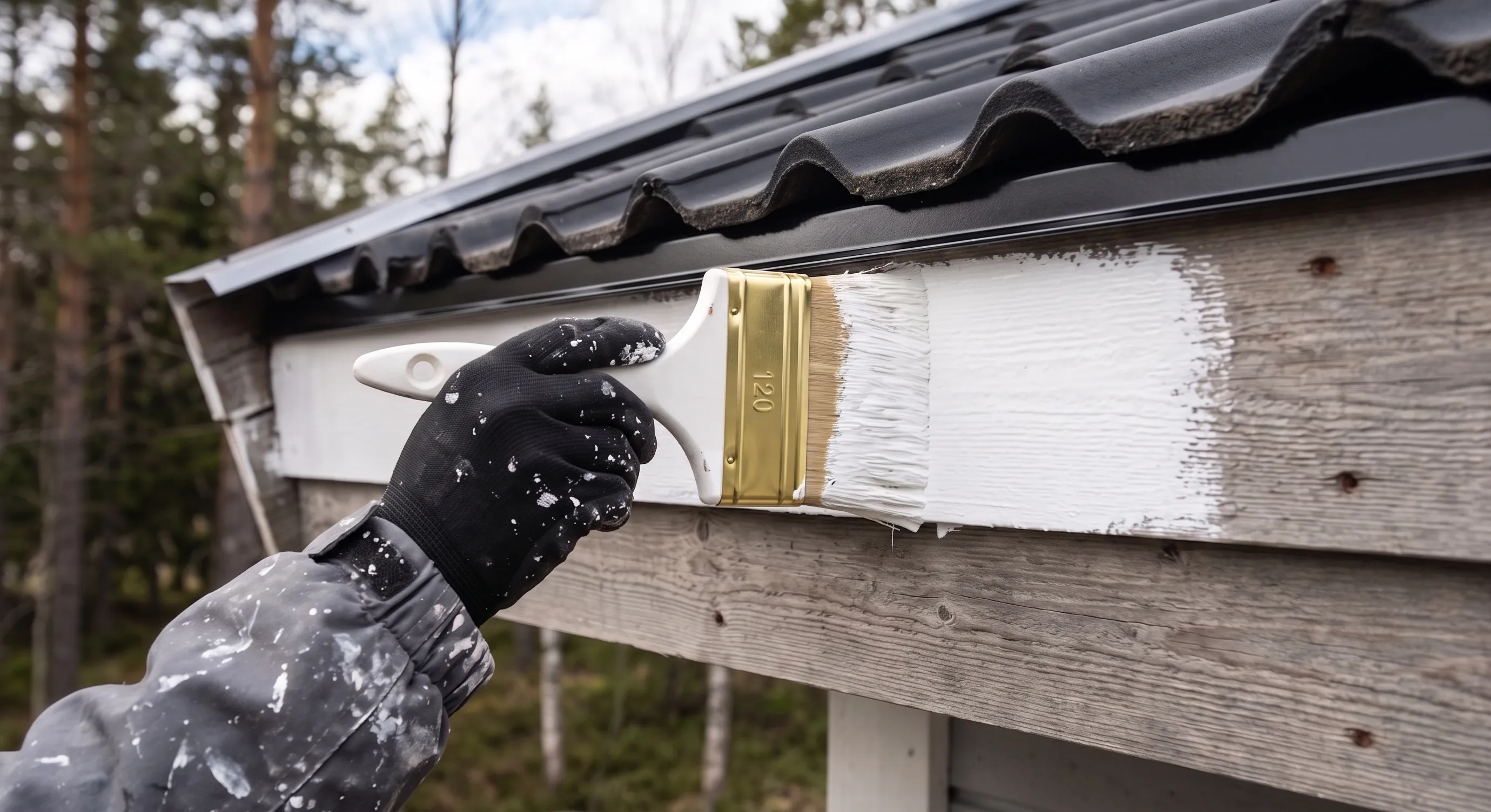 Painter applying white paint to a wooden house facade